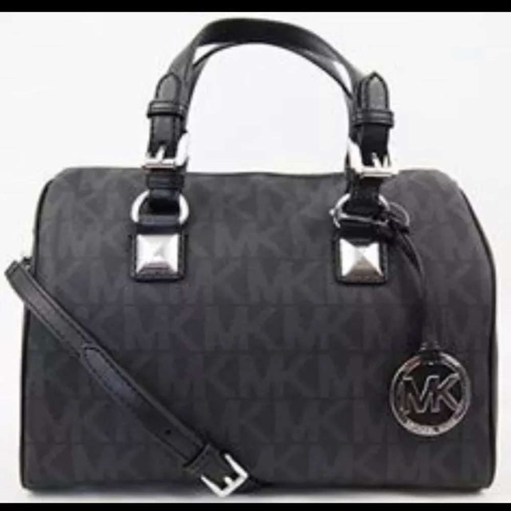 MICHAEL KORS GRAYSON BLACK MED SATCHEL HANDBAG